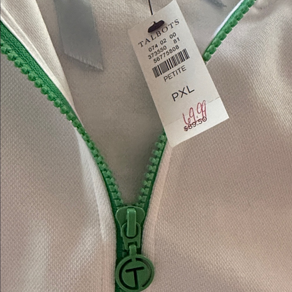 Talbots White Pullover with Green Zipper and Accents